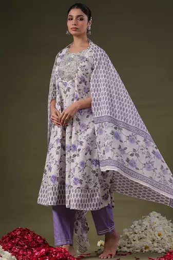 Round Neck Floral Printed Empire Sequinned Cotton Kurta with Trouser & Dupatta