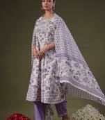 Round Neck Floral Printed Empire Sequinned Cotton Kurta with Trouser & Dupatta