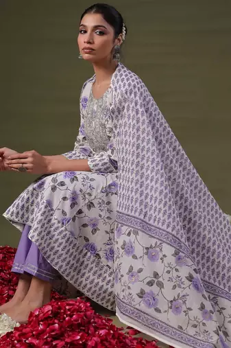 Round Neck Floral Printed Empire Sequinned Cotton Kurta with Trouser & Dupatta