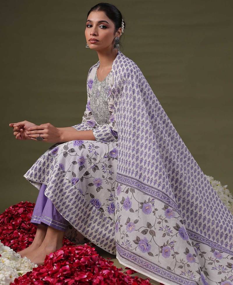 Round Neck Floral Printed Empire Sequinned Cotton Kurta with Trouser & Dupatta