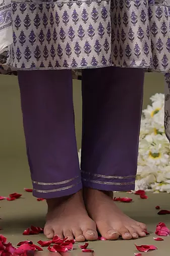 Round Neck Floral Printed Empire Sequinned Cotton Kurta with Trouser & Dupatta