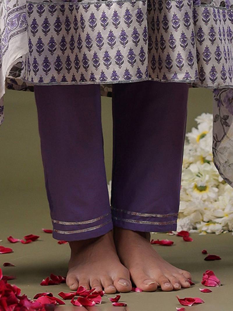 Round Neck Floral Printed Empire Sequinned Cotton Kurta with Trouser & Dupatta