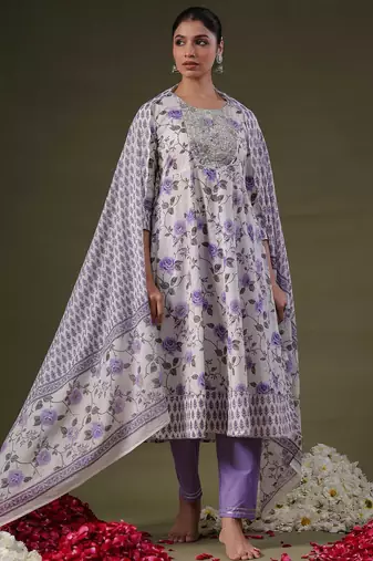 Round Neck Floral Printed Empire Sequinned Cotton Kurta with Trouser & Dupatta