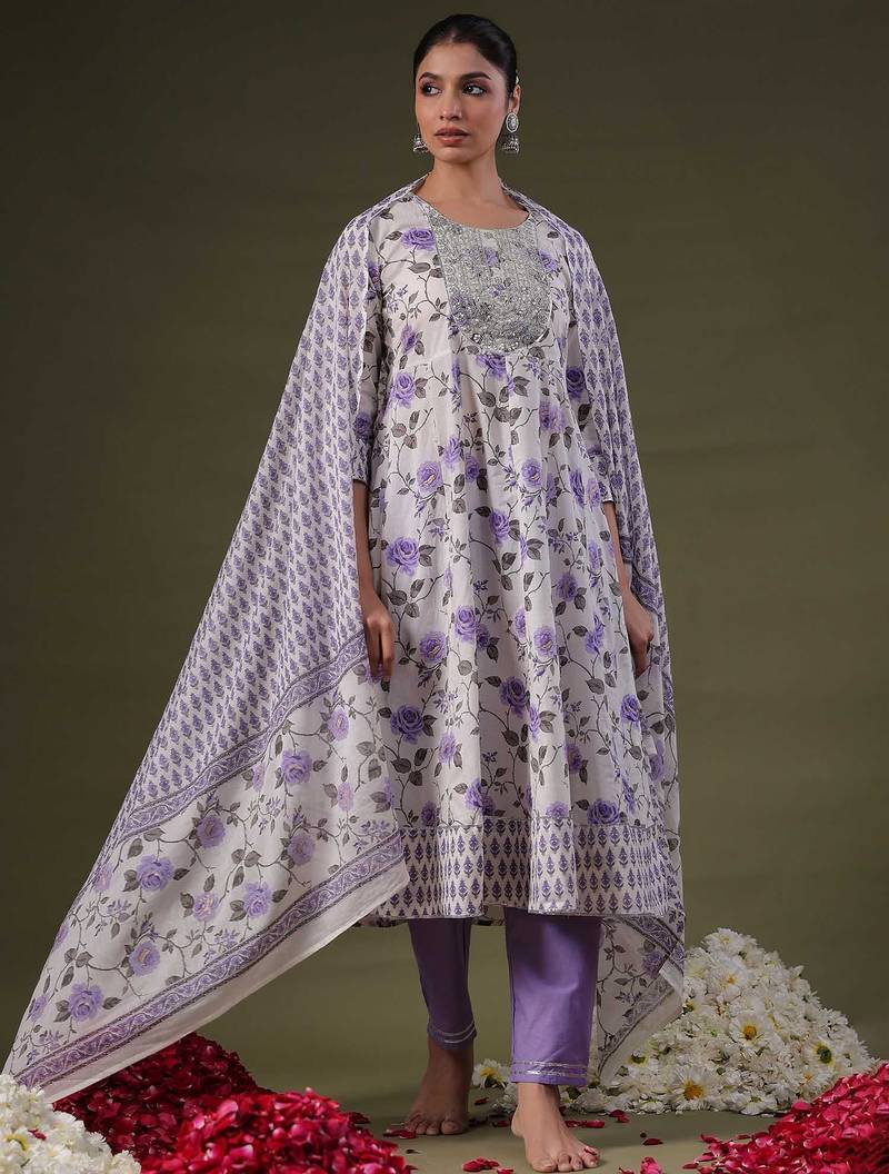Round Neck Floral Printed Empire Sequinned Cotton Kurta with Trouser & Dupatta