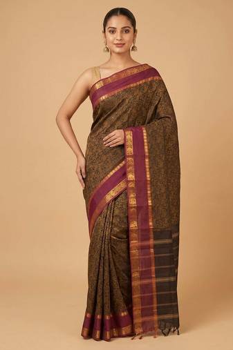 Black and magenta kanchi cotton saree with blouse