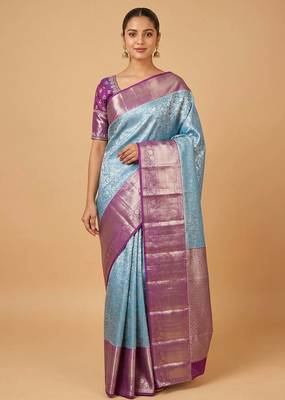 Pastel blue and purple tissue silk saree with blouse 1