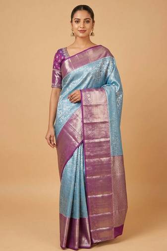 Pastel blue and purple tissue silk saree with blouse