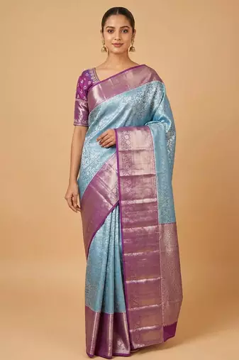 Pastel blue and purple tissue silk saree with blouse