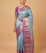 Pastel blue and purple tissue silk saree with blouse