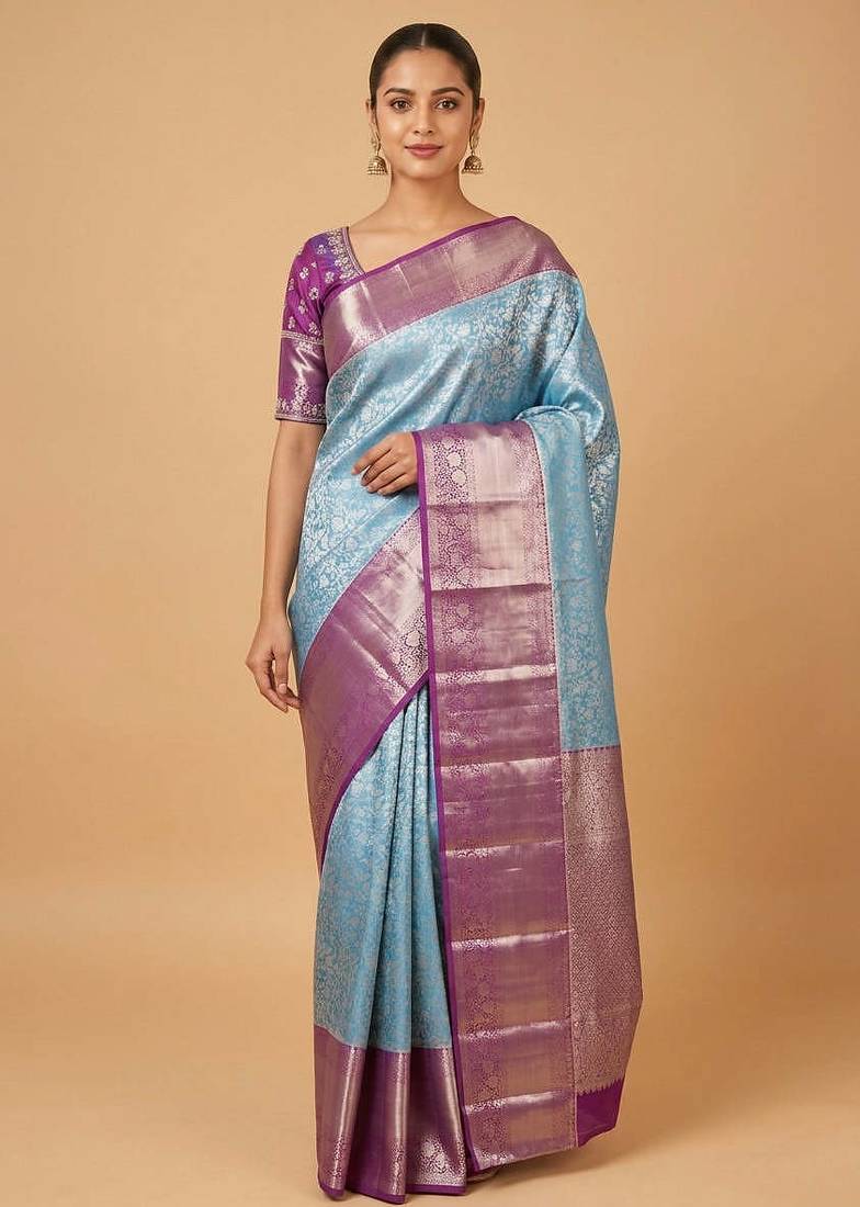 Pastel blue and purple tissue silk saree with blouse