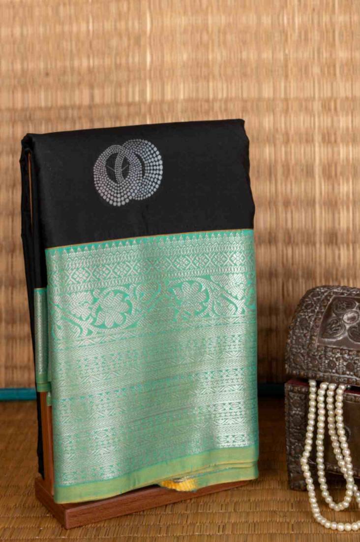 Black and green semi silk saree with blouse