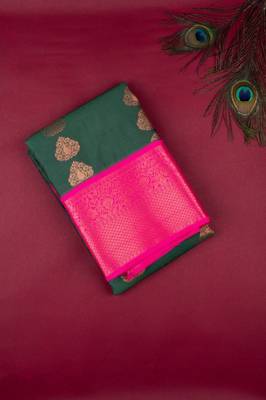 Green and pink semi silk saree with blouse 1