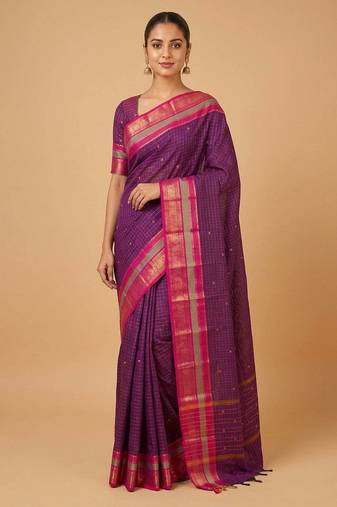 Purple traditional kanchi cotton saree with blouse