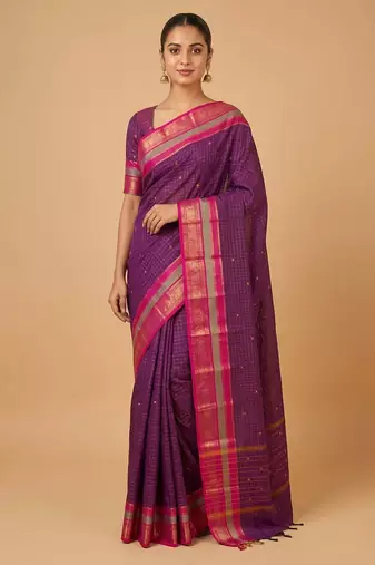 Purple traditional kanchi cotton saree with blouse
