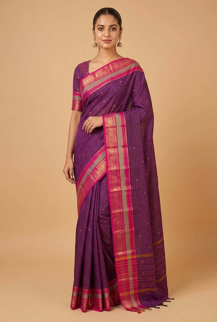 Purple traditional kanchi cotton saree with blouse