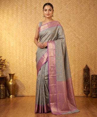 Grey and lavender semi silk saree with blouse 1
