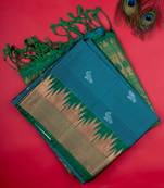 Peacock blue and green temple border silk saree with blouse