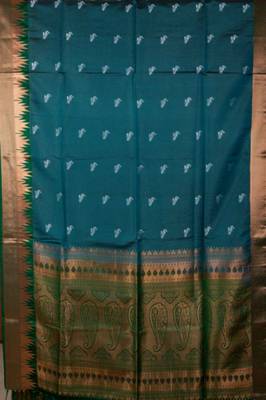 Peacock blue and green temple border silk saree with blouse 2