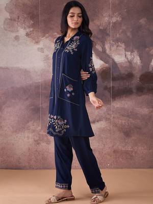 Floral Embroidered Thread Work Pure Cotton Kurta With Trousers 3
