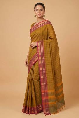 Army green and purple kanchi cotton saree with blouse 1