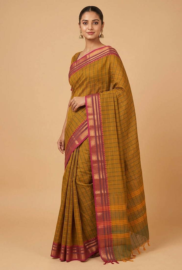 Army green and purple kanchi cotton saree with blouse