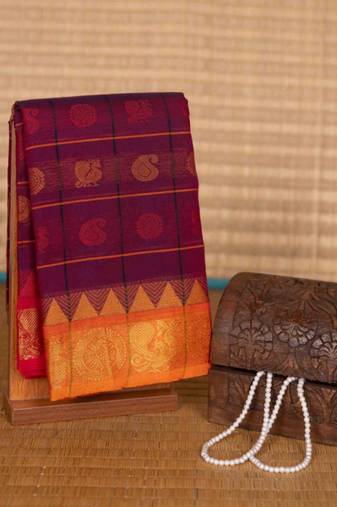 Purple mustard and pink ganga jamuna kanchi cotton saree with blouse