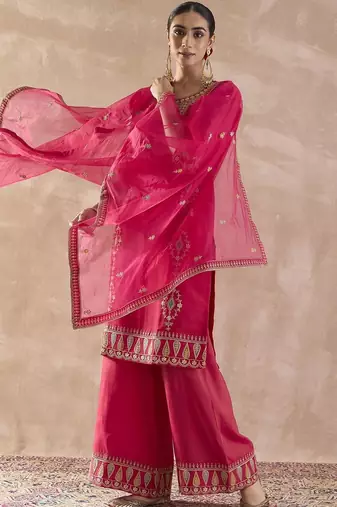 Ethnic Motifs Embroidered Round Neck Zari Kurta With Palazzos & Dupatta