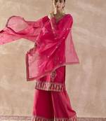 Ethnic Motifs Embroidered Round Neck Zari Kurta With Palazzos & Dupatta