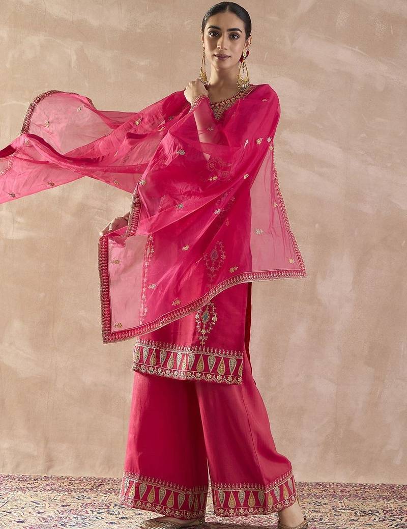 Ethnic Motifs Embroidered Round Neck Zari Kurta With Palazzos & Dupatta