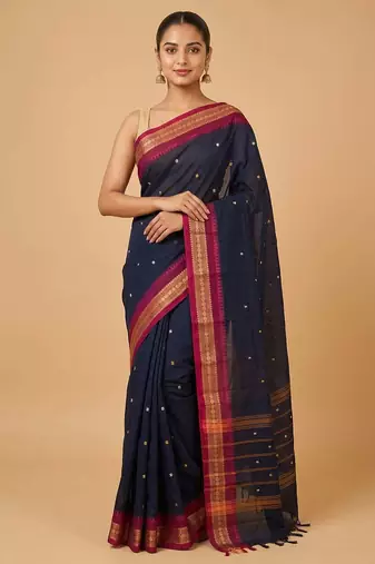 Navyblue and purple kanchi cotton saree with blouse
