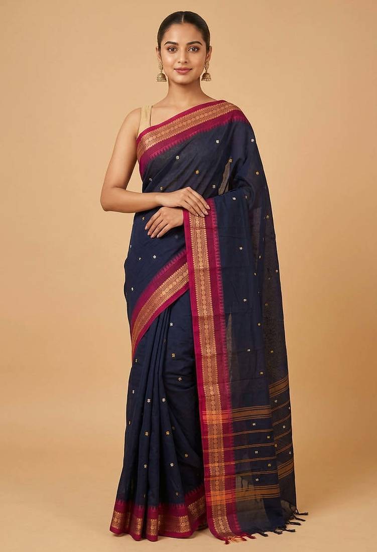 Navyblue and purple kanchi cotton saree with blouse
