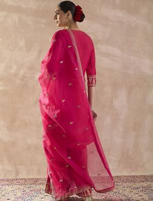 Ethnic Motifs Embroidered Round Neck Zari Kurta With Palazzos & Dupatta 4