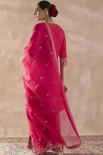 Ethnic Motifs Embroidered Round Neck Zari Kurta With Palazzos & Dupatta