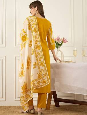 Women Floral Printed Regular Mirror Work  Cotton Kurta with Trousers & With Dupatta 5