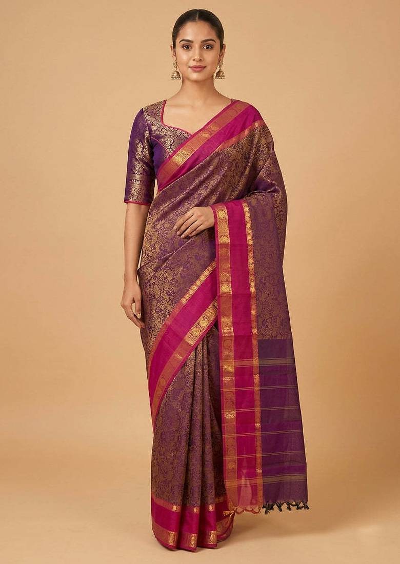 Purple vanasingaram kanchi cotton saree with blouse