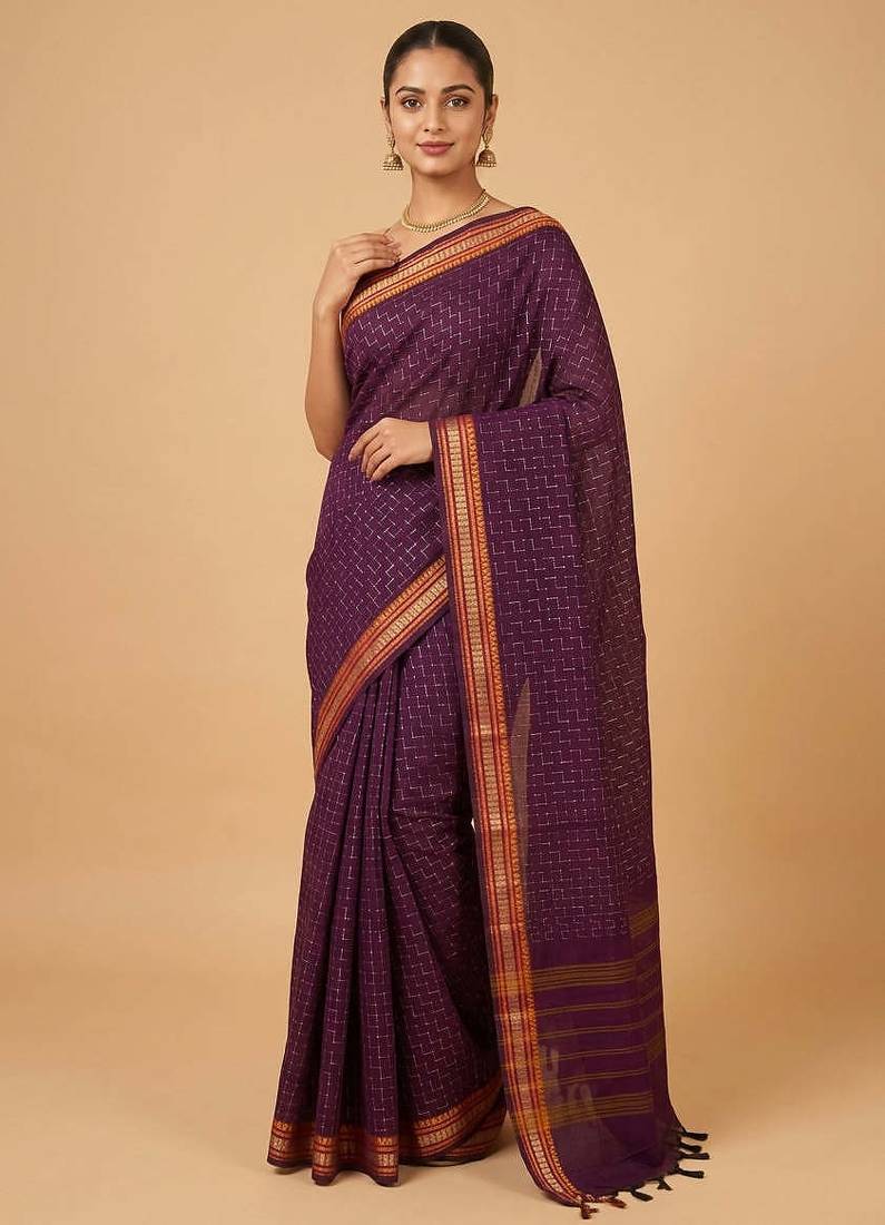 Purple kanchi cotton saree with blouse