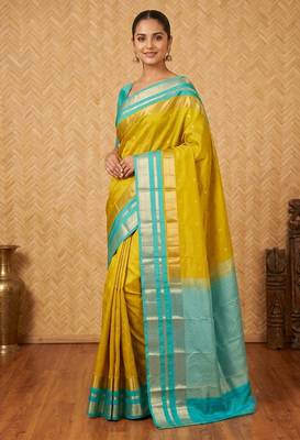 Lime green and turquoise touch silk saree with blouse 1