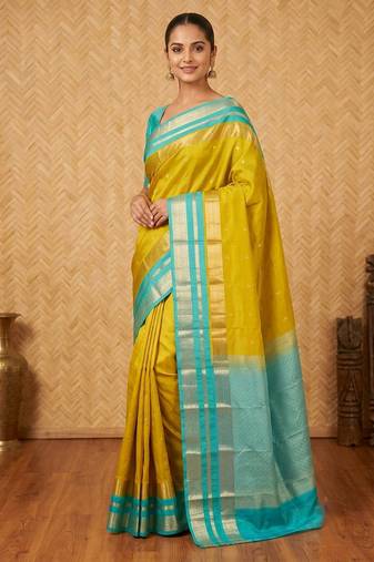 Lime green and turquoise touch silk saree with blouse