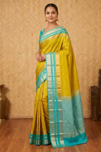 Lime green and turquoise touch silk saree with blouse