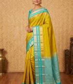 Lime green and turquoise touch silk saree with blouse