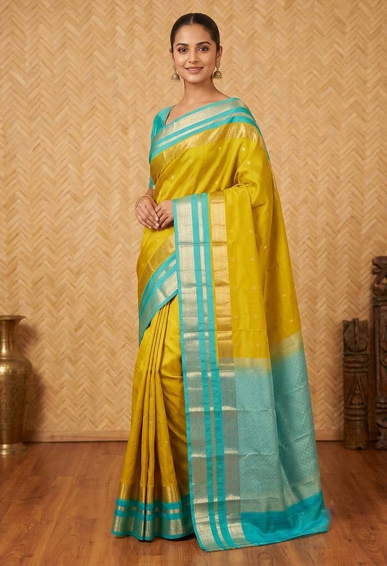 Lime green and turquoise touch silk saree with blouse