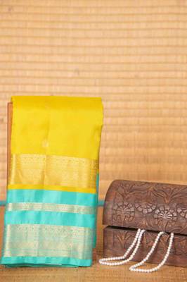 Lime green and turquoise touch silk saree with blouse 2