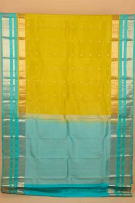 Lime green and turquoise touch silk saree with blouse 3