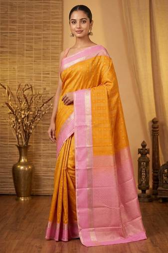 Yellow and baby pink retta pettu semi silk saree with blouse