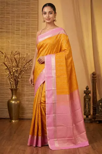 Yellow and baby pink retta pettu semi silk saree with blouse