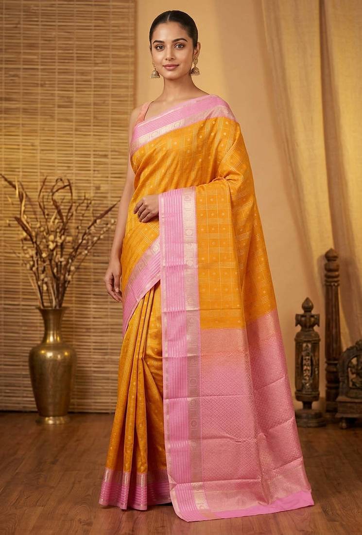 Yellow and baby pink retta pettu semi silk saree with blouse