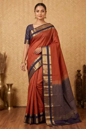 Rust and blue touch silk saree with blouse