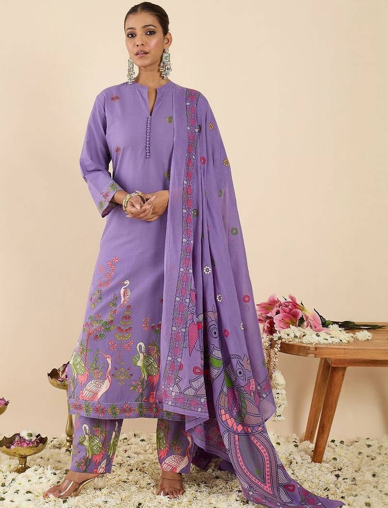 Women Ethnic Motifs Printed Regular Pure Cotton Kurta with Trousers & With Dupatta