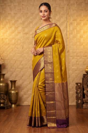 Mehendi green and purple soft silk saree with blouse