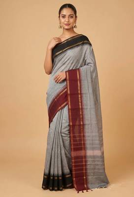 Grey with black and pink retta pettu kanchi cotton saree with blouse 1